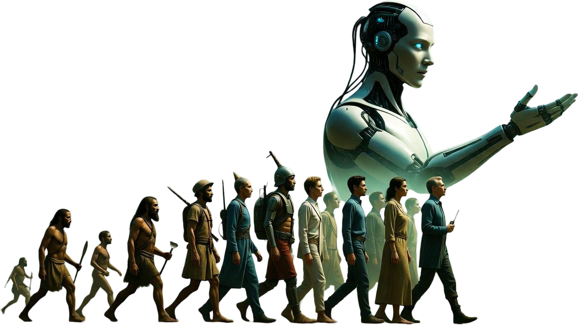 Humanity’s march through time, from early humans to the present day, with an AI figure reaching out ahead of them